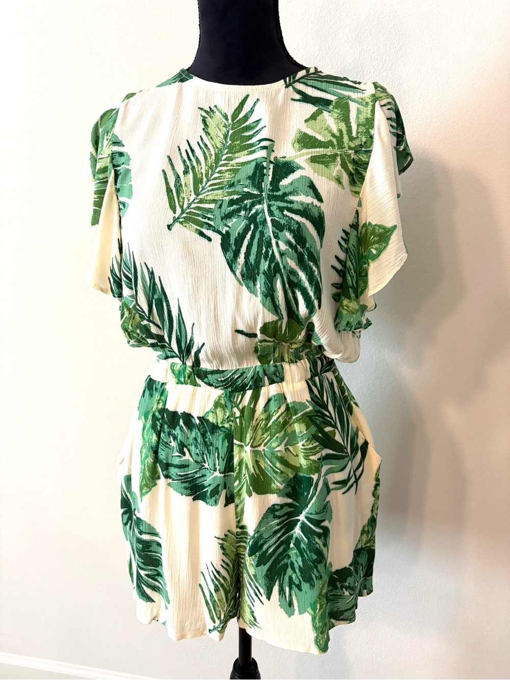 Vici Medium Green Leaf Print Romper on Cream